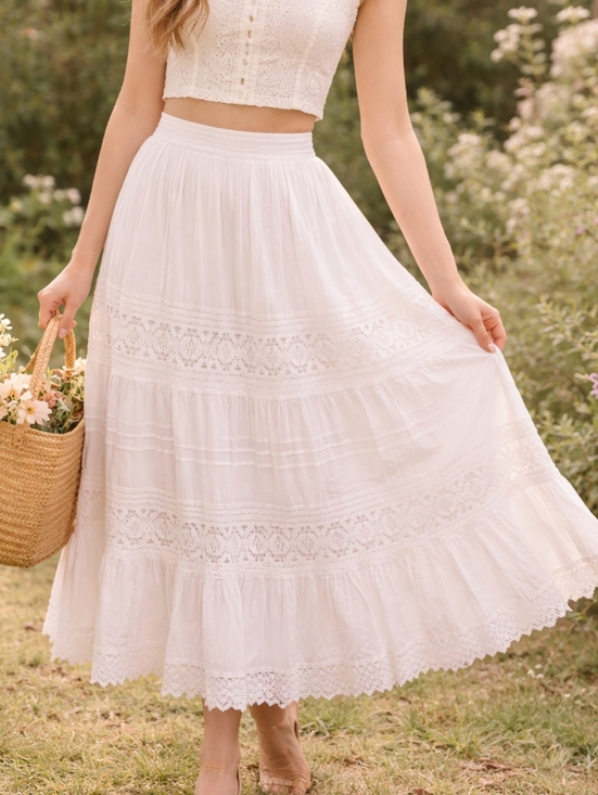 St. John's Bay Dresses & Skirts - Vintage St John’s Bay White Lace Midi Skirt Cotton Boho Size M Elastic